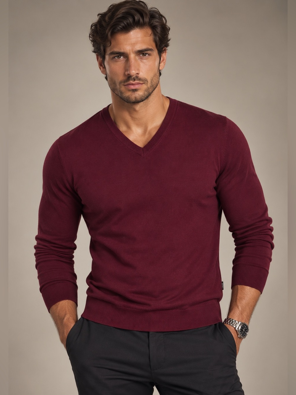 Hugo Boss Slim Fit Men's V-Neck Sweater in Wine
